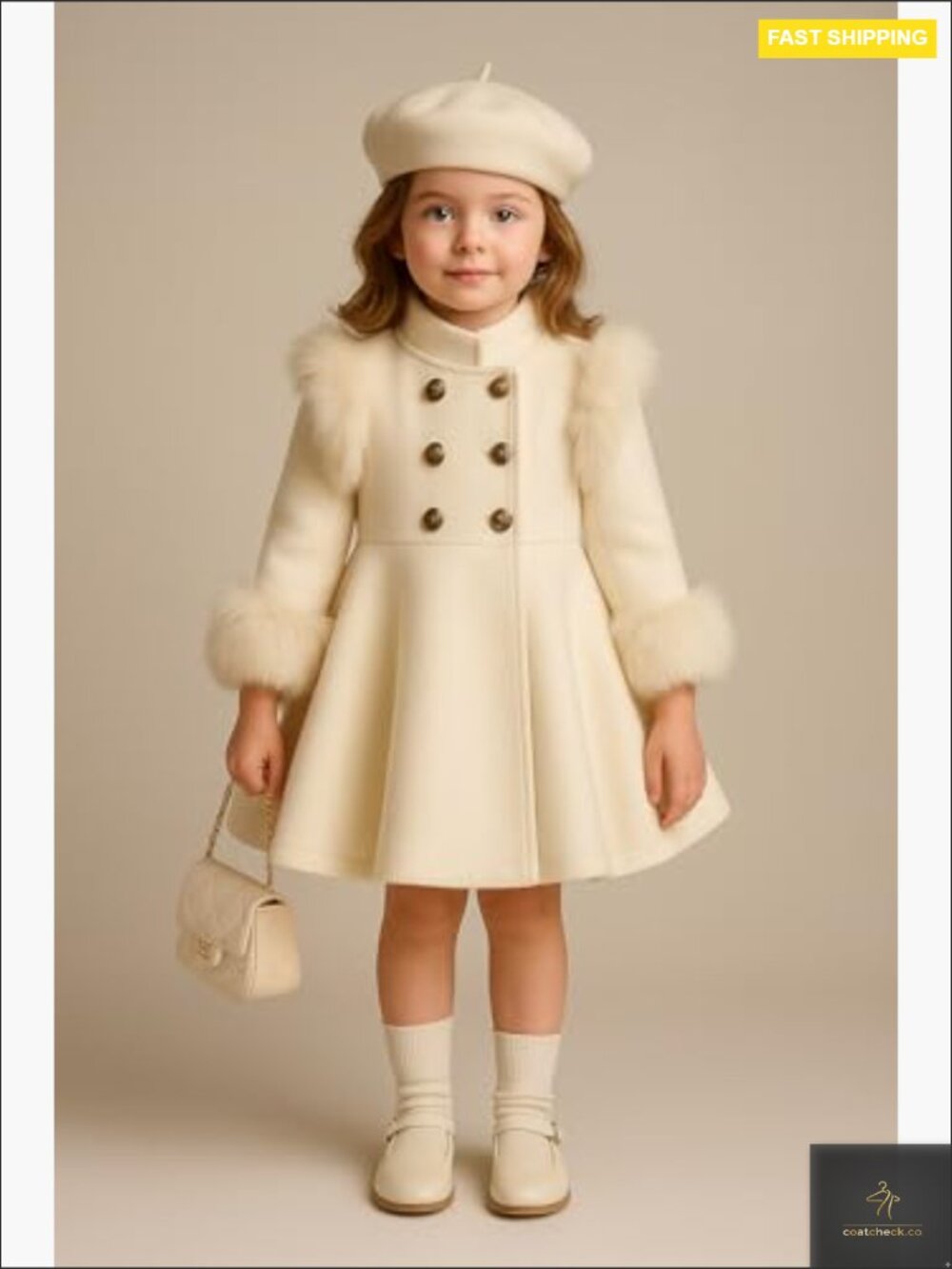 Toddler Double Breasted Faux Fur Dress Coat Peacoat Elegant Birthday Outfit - Picture 7 of 7